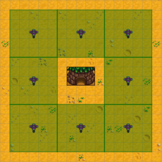 A 3x3 ring of iridium sprinklers around a jumino hut.